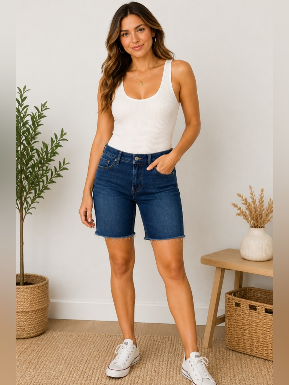 Free People Women’s 29 Dark Denim Cutoff Raw Hem Stretch Bermuda Jean Shorts
